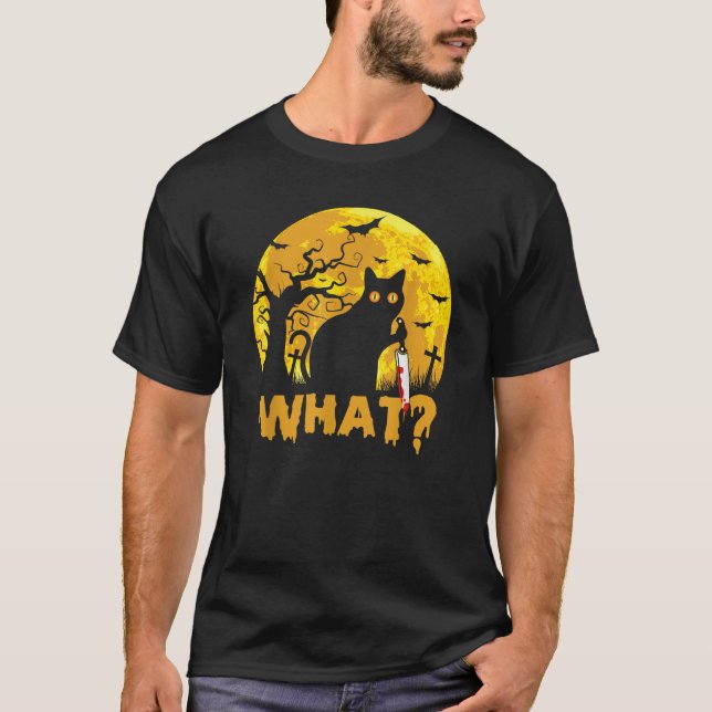 CAT WAS Murderous Black Cat mit Knife Halloween T-Shirt (Vorderseite)