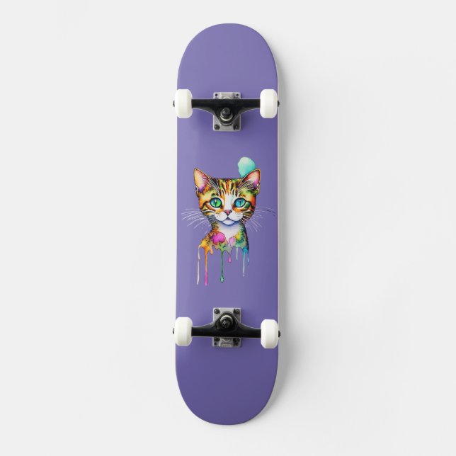 Cat Watercolor farbig Skateboard (Vorderseite)