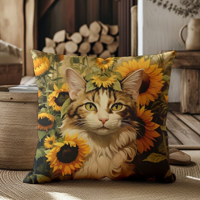 Cat Watercolor Sonnenblumen Blumenbemalung Kissen (Cat and sunflowers decorator pillow)