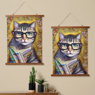 Cat Wearing Brillen Holding a Book Artwork Wandteppich Mit Holzrahmen