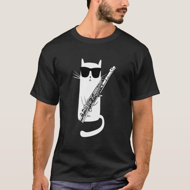 Cat Wearing Sonnenbrille Playing Flute T-Shirt (Vorderseite)