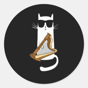 Cat Wearing-Sonnenbrille Playing Harp Runder Aufkleber