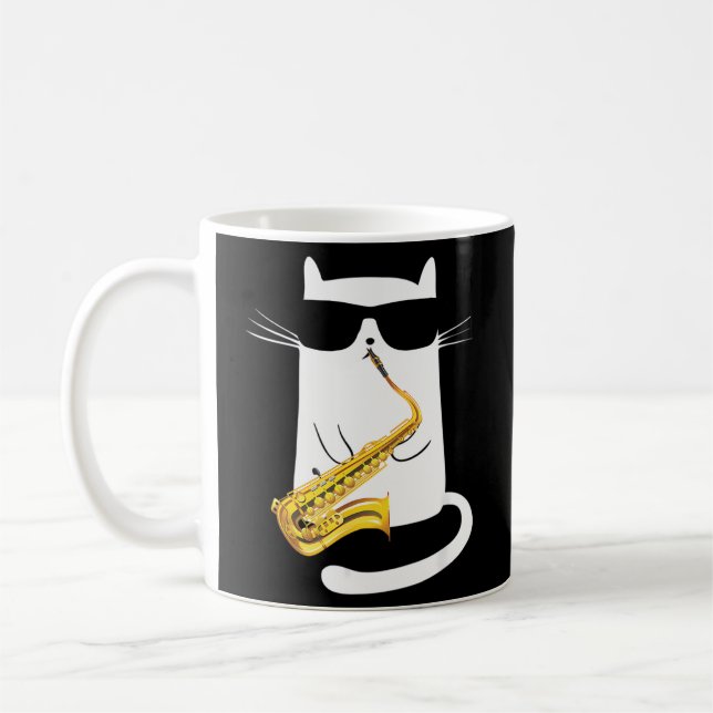 Cat Wearing Sonnenbrille Saxophon spielen Kaffeetasse (Links)