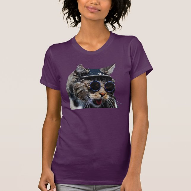 Cat Wearing Sonnenbrille und Hat Womens T - Shirt (Vorderseite)