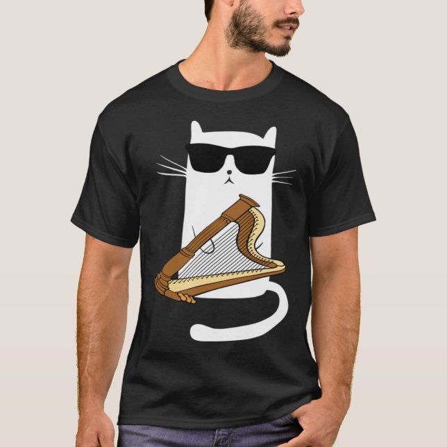 Cat Wearing Sunglasses Playing Harp T-Shirt (Vorderseite)