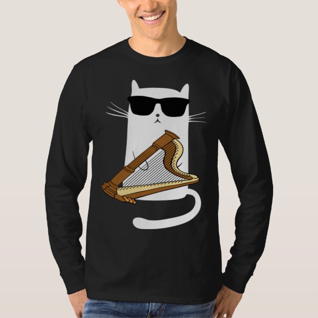Cat Wearing Sunglasses Playing Harp T-Shirt (Vorderseite)