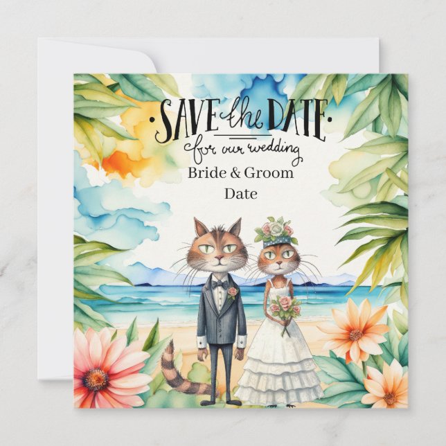 Cat Wedding Beach Hochzeit Einladung (Vorderseite)