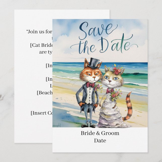 Cat Wedding Beach Hochzeit Einladung (Vorne/Hinten)