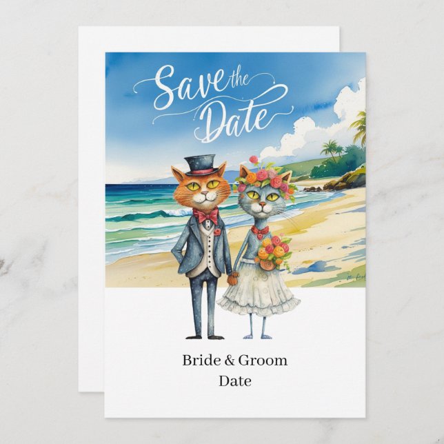 Cat Wedding Beach Hochzeit Einladung (Vorne/Hinten)