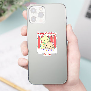Cat Weihnachten draußen, personalisierter Name Aufkleber