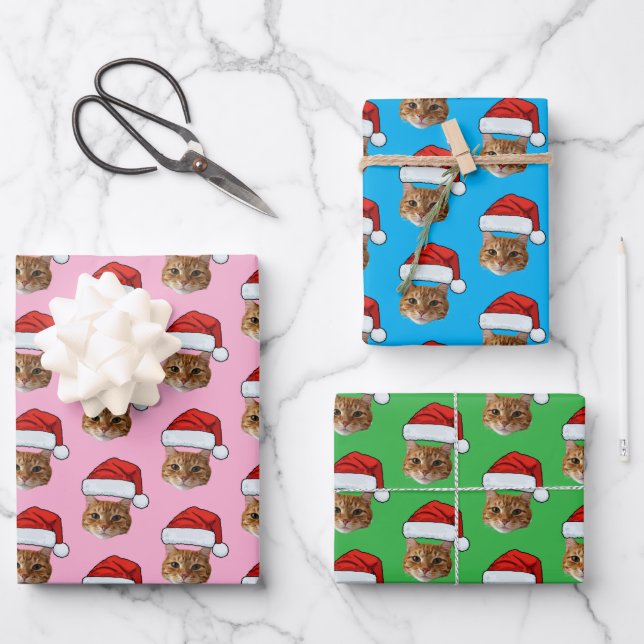 Cat-Weihnachtsmannmütze | Custom Face Foto Pink We Geschenkpapier Set (Vorderseite)