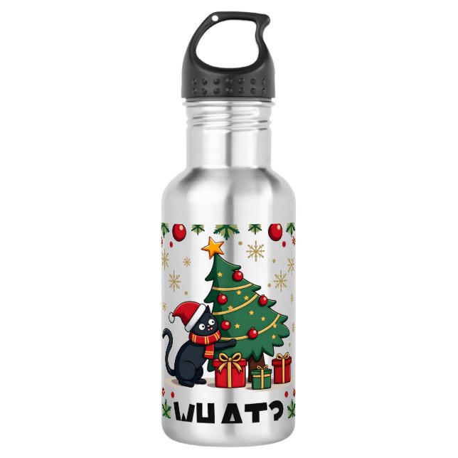 Cat What Funny Black Cat Pushing Christmas Tree Ug Edelstahlflasche (Vorderseite)