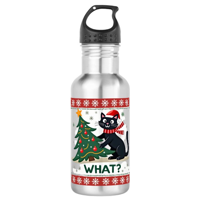 Cat What Funny Black Cat Pushing Christmas Tree Ug Edelstahlflasche (Vorderseite)