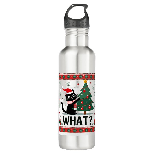 Cat What Funny Black Cat Pushing Christmas Tree Ug Edelstahlflasche (Vorderseite)