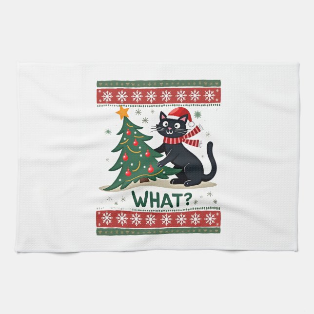 Cat What Funny Black Cat Pushing Christmas Tree Ug Geschirrtuch (Horizontal)