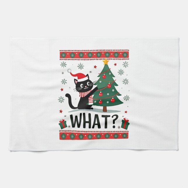 Cat What Funny Black Cat Pushing Christmas Tree Ug Geschirrtuch (Horizontal)