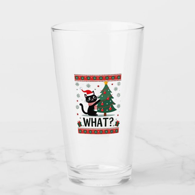 Cat What Funny Black Cat Pushing Christmas Tree Ug Glas (Vorderseite)