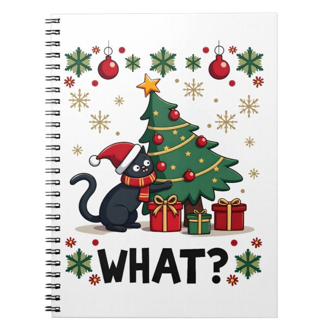 Cat What Funny Black Cat Pushing Christmas Tree Ug Notizblock (Vorderseite)