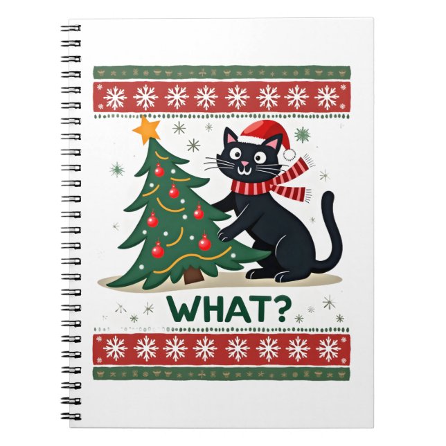 Cat What Funny Black Cat Pushing Christmas Tree Ug Notizblock (Vorderseite)