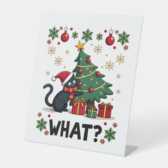 Cat What Funny Black Cat Pushing Christmas Tree Ug Sockelschild (Vorderseite)