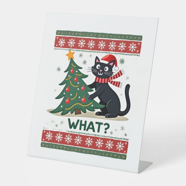 Cat What Funny Black Cat Pushing Christmas Tree Ug Sockelschild (Vorderseite)