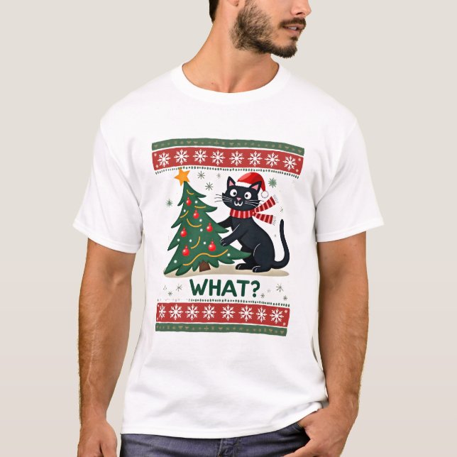Cat What Funny Black Cat Pushing Christmas Tree Ug T-Shirt (Vorderseite)
