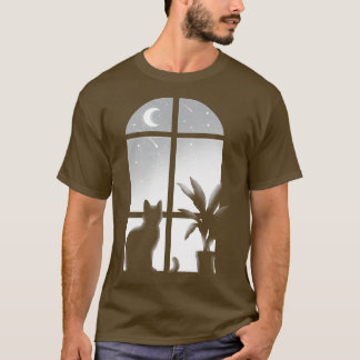 Cat window Kitty look stars unendliche nächtliche  T-Shirt