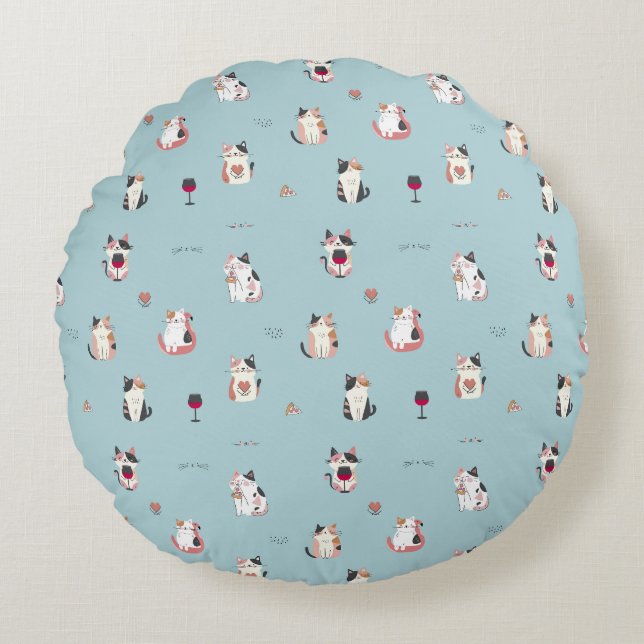 Cat & Wine Round Kissen: Spaß und leise Design Rundes Kissen (Vorderseite)