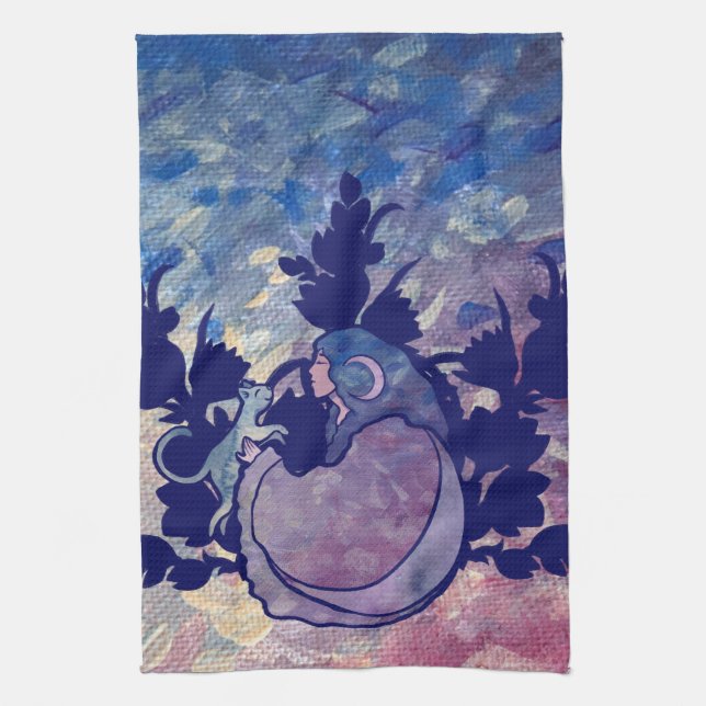 Cat Witch Moon Goddess Wiccan Geschirrtuch (Vertikal)