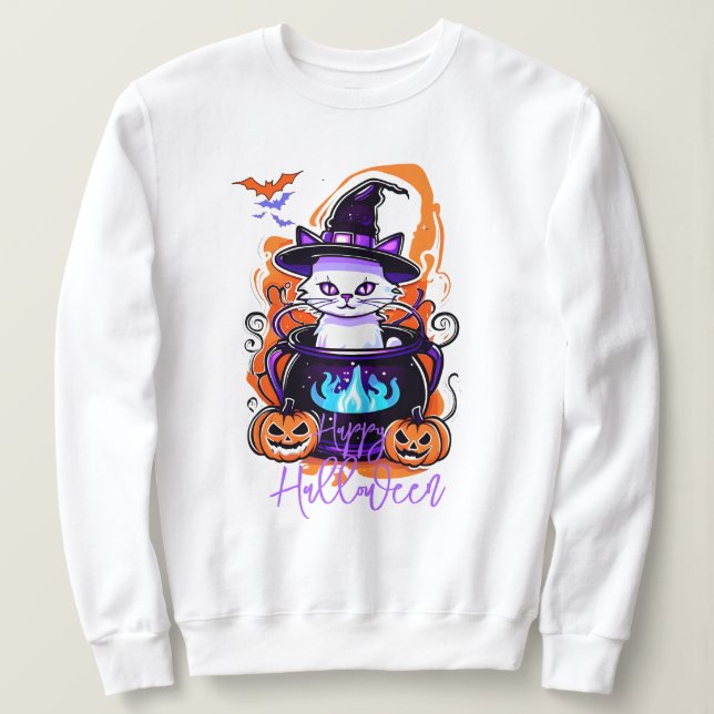 Cat Witch Pumpkin Hoodie, Spooky Halloween Sweatshirt (Design vorne)