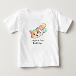 Cat with 3 Blue Balloons 1st Birthday  Baby T-shirt