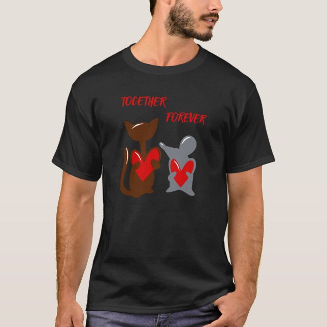 Cat with a mouse holding hearts in their paws Cat  T-Shirt (Vorderseite)