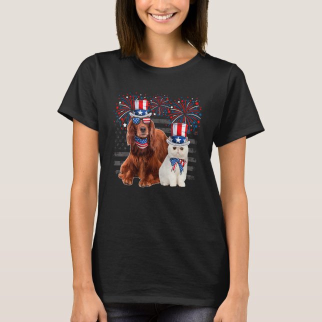 Cat With Irish Setter Sunglasses American Flag 4th T-Shirt (Vorderseite)