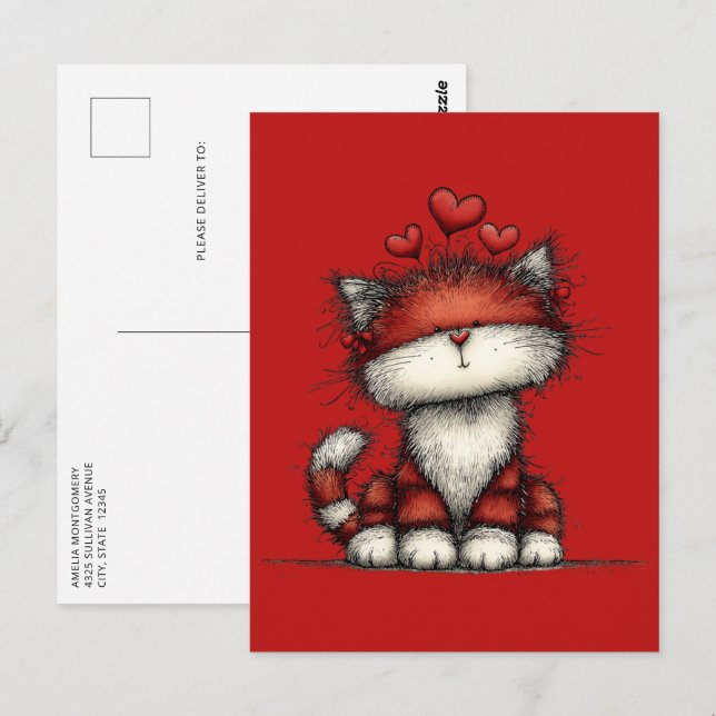 Cat with Red Hearts Cute and Fun Postkarte (Vorne/Hinten)