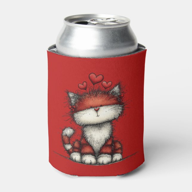 Cat with Red Love Hearts Cute and Funny Dosenkühler (Kanne Vorderseite)