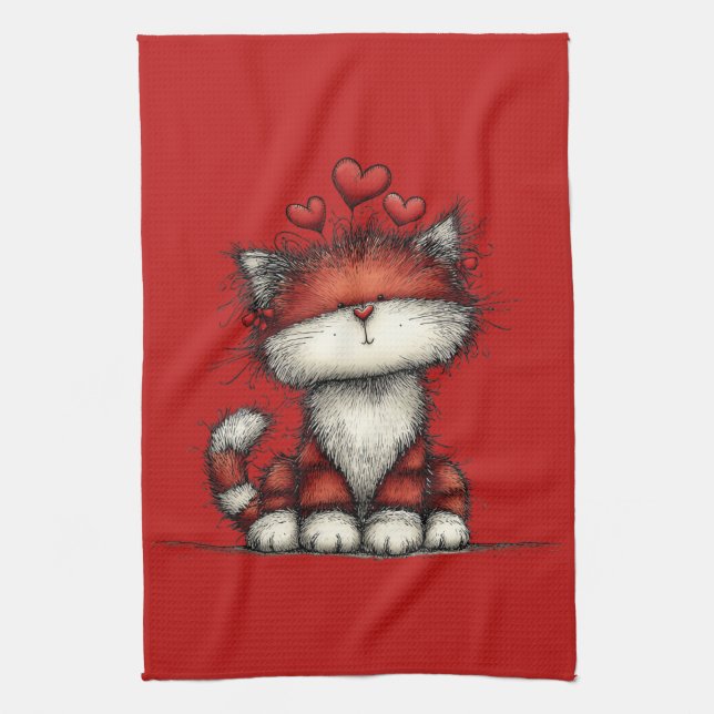 Cat with Red Love Hearts Cute and Funny Geschirrtuch (Vertikal)