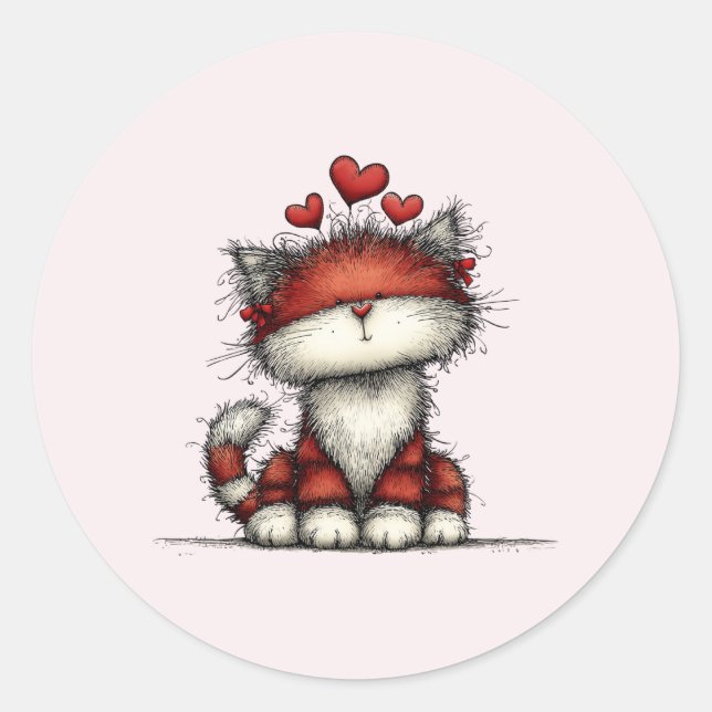Cat with Red Love Hearts Cute and Funny Runder Aufkleber (Vorderseite)