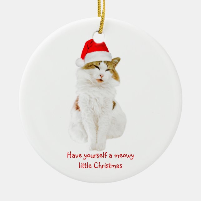 Cat with Santa’s Hat Keramik Ornament (Vorne)