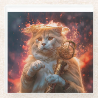 Cat Wizard With Magic Staff Amidst Flames Glasuntersetzer