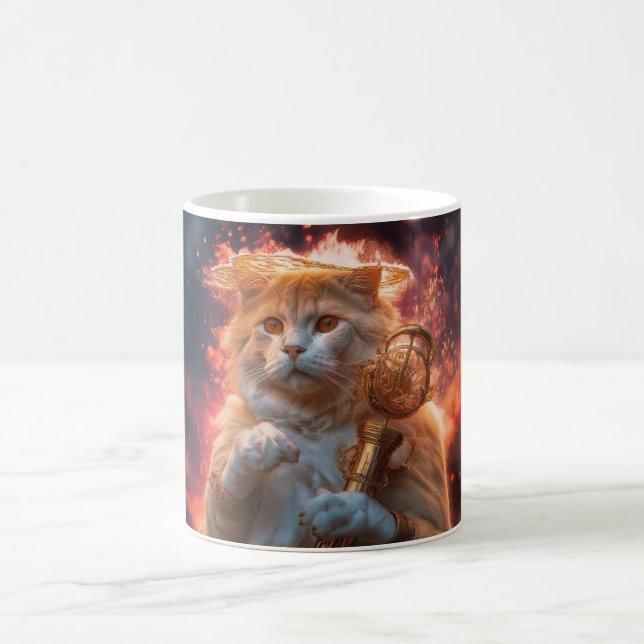 Cat Wizard With Magic Staff Amidst Flames Kaffeetasse (Mittel)