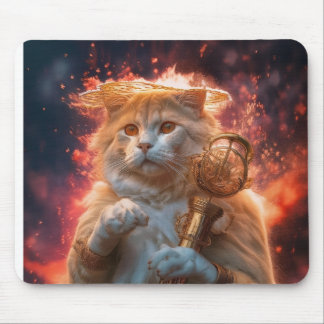 Cat Wizard With Magic Staff Amidst Flames Mousepad