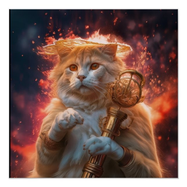 Cat Wizard With Magic Staff Amidst Flames Poster (Vorderseite)