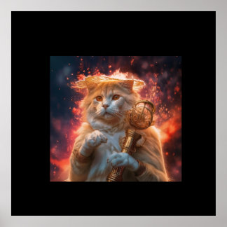 Cat Wizard With Magic Staff Amidst Flames Poster