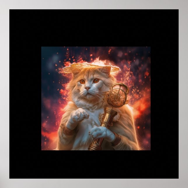 Cat Wizard With Magic Staff Amidst Flames Poster (Vorne)