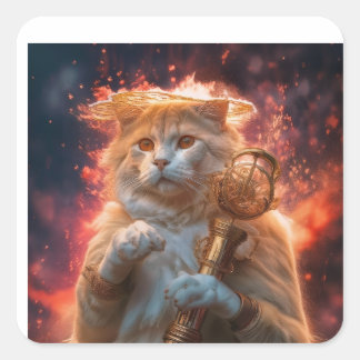 Cat Wizard With Magic Staff Amidst Flames Quadratischer Aufkleber