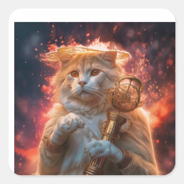 Cat Wizard With Magic Staff Amidst Flames Quadratischer Aufkleber (Vorderseite)