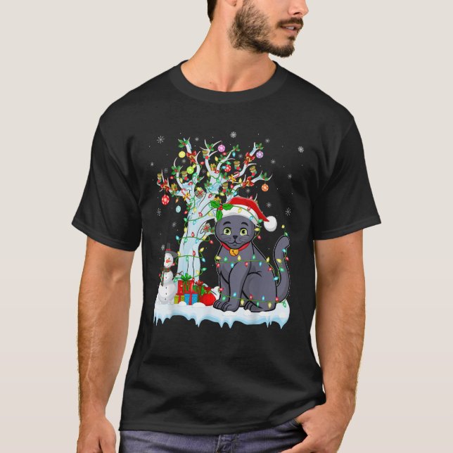 Cat Xmas Lighting Tree Weihnachtsmannmütze Russisc T-Shirt (Vorderseite)