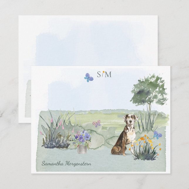 Catahoula Hound Hund Butterfly Monogramm und Name Mitteilungskarte (Vorne/Hinten)