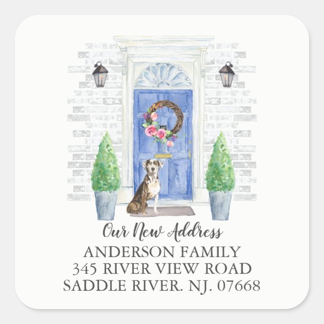 Catahoula Leopard Blue Door New Address Label Quadratischer Aufkleber (Vorderseite)