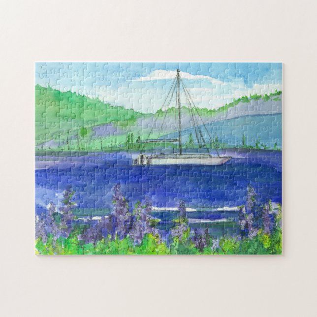 Catamaran Sailboat Lila Lupines Bergsee (Horizontal)